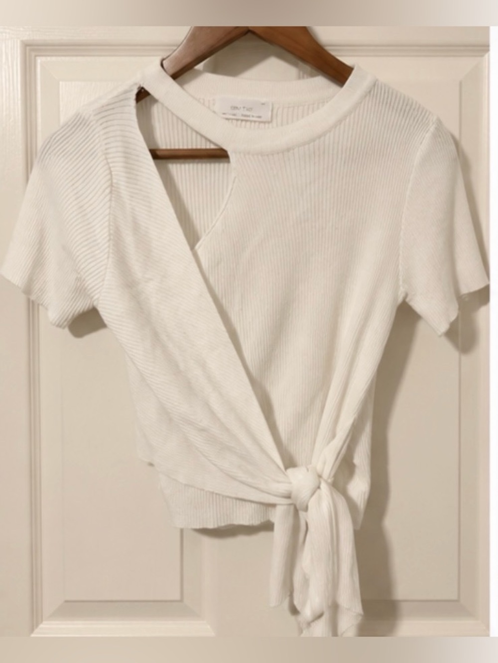OAK + FORT Cream Ribbed Short-Sleeve Side-Tie Top